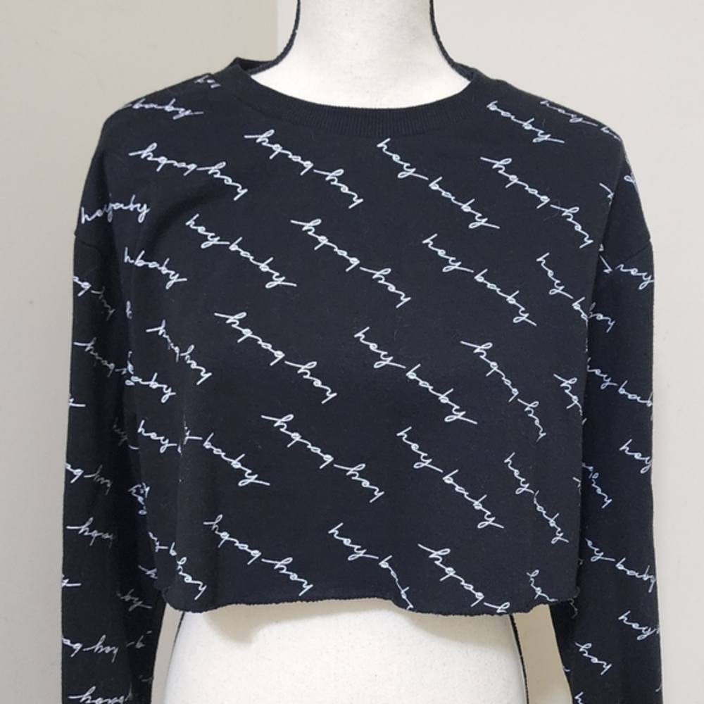 CROP CREW‎ refuge athletics Pullover Sweatshirt Cropped Script sz Large Black
